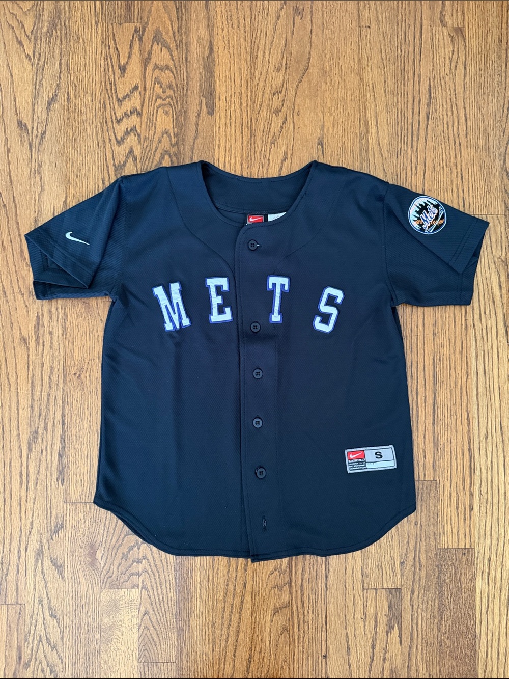 VINTAGE NIKE KIDS BLACK NY METS BUTTON UP JERSEY